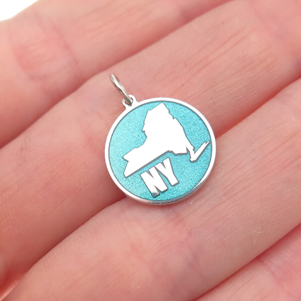 925 Sterling Silver Turquoise Enamel NY State Map Round Tag Mini Charm Pendant